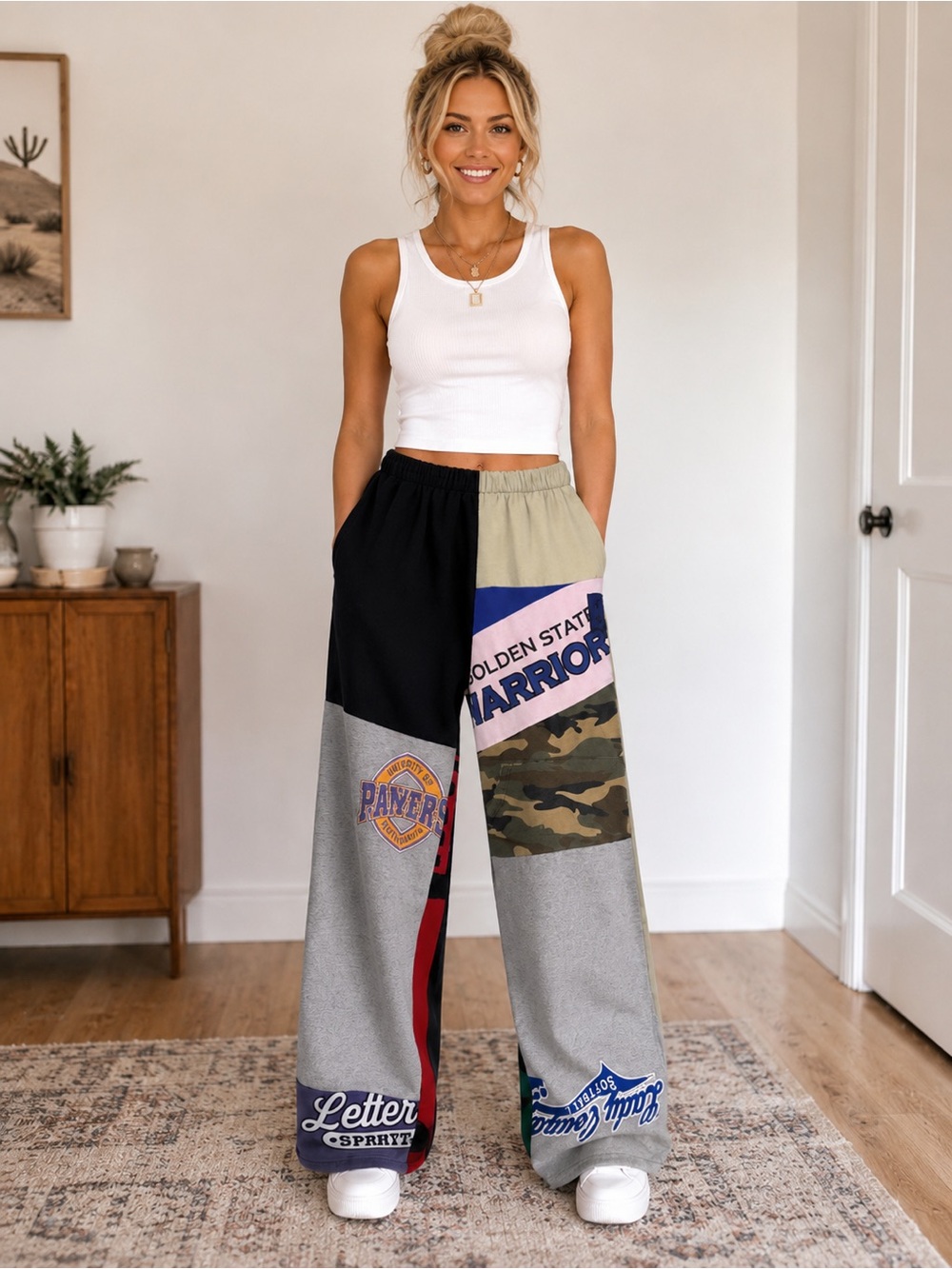 Custom Patchwork Upcycled Graphic Wide Leg Pants - Multicolor